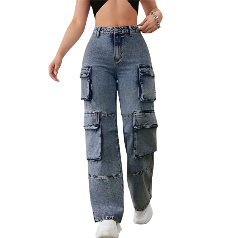 Women's Denim Cargo Pants with Multi Pockets