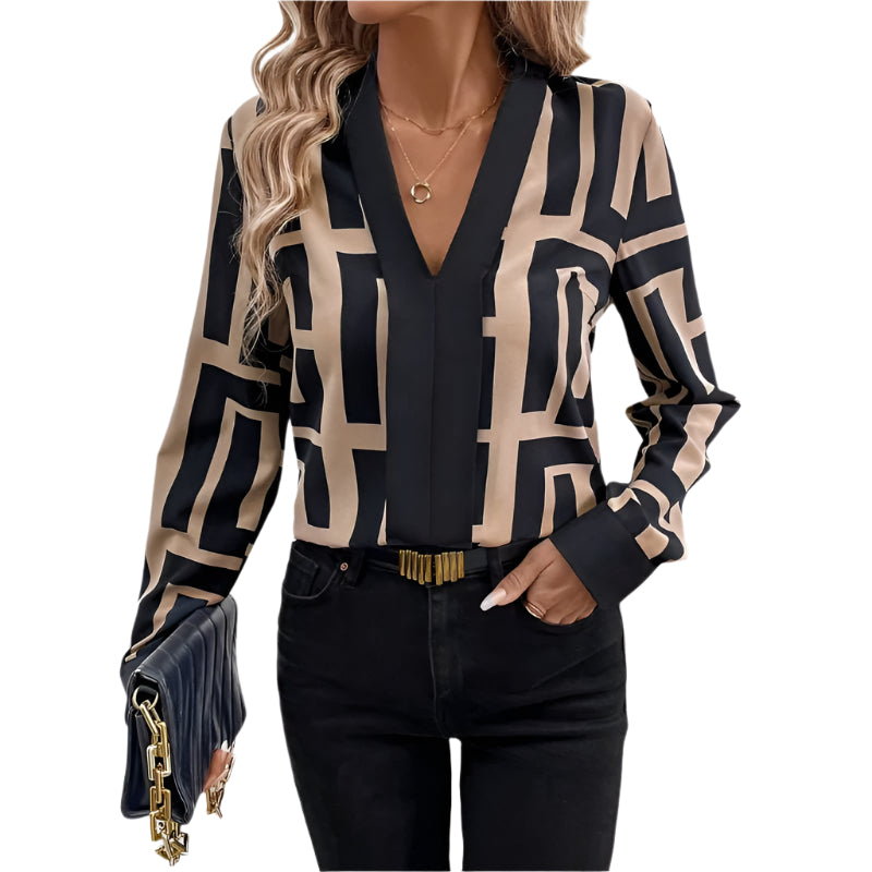 Women's Geometric Print V-Neck Blouse