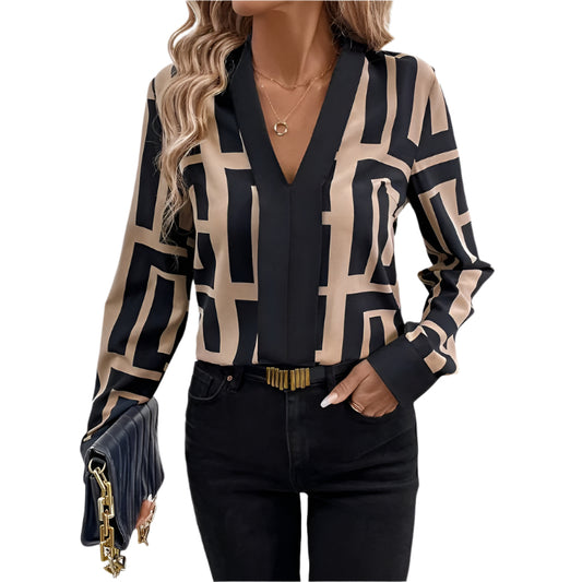 Women's Geometric Print V-Neck Blouse