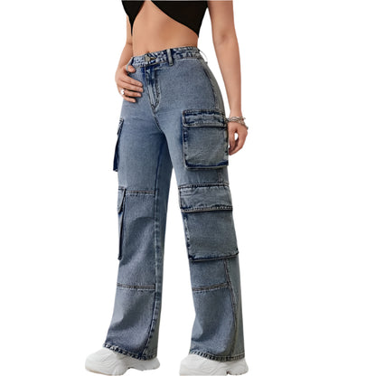 Women's Denim Cargo Pants with Multi Pockets