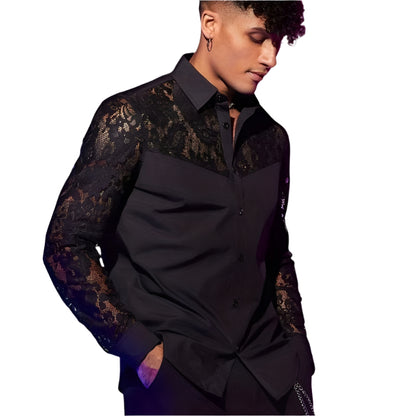 Men's Lace Floral Long Sleeve Blouse